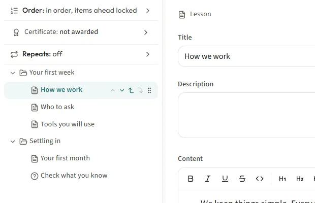 The course builder: the outline of a course on the left, and a lesson open for writing on the right.
