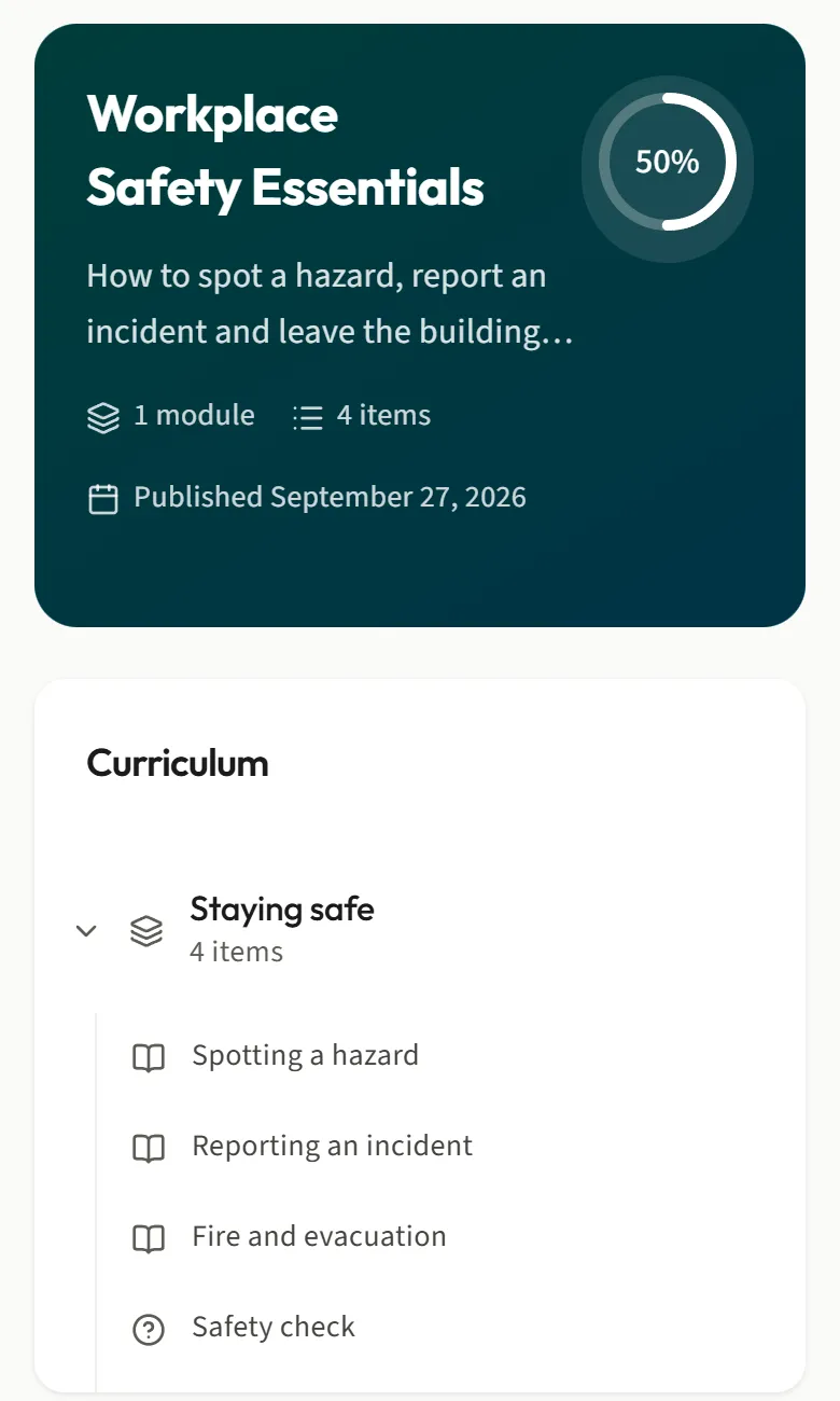 A course in PathLMS as a learner sees it: Workplace Safety Essentials, half done, with its lessons in order.
