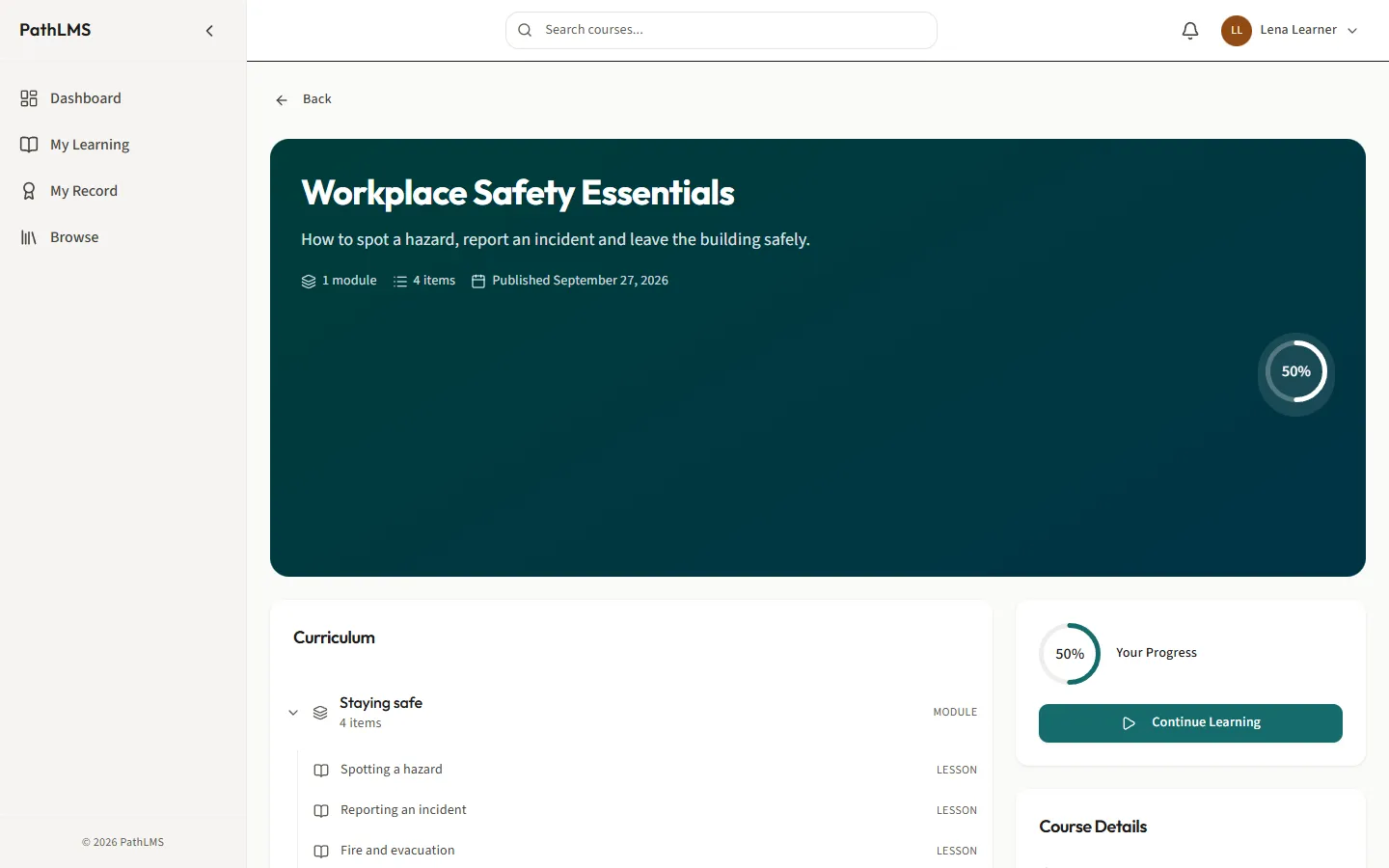A course in PathLMS as a learner sees it: Workplace Safety Essentials, half done, with its lessons in order.