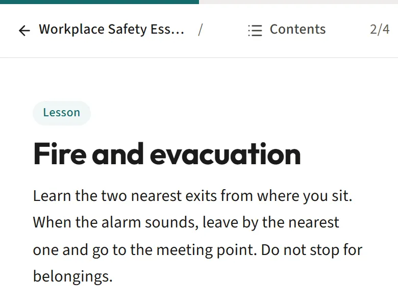 A lesson in a safety course: two steps done, the current one open, and the quiz still locked until it is reached.