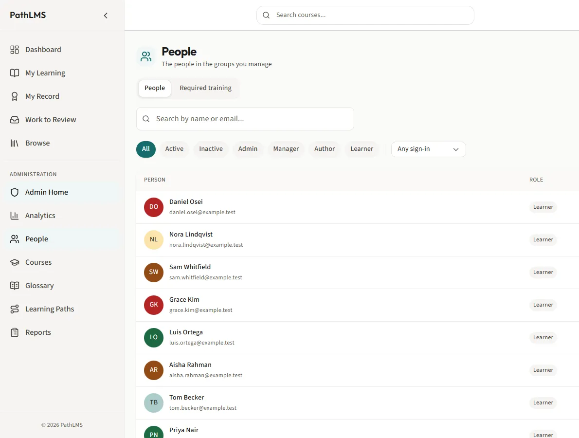 The People page for a manager: each person in the team with their role.