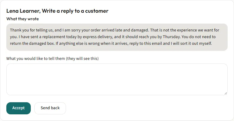 The Work to review page, with a learner's written reply open and Accept and Send back buttons.