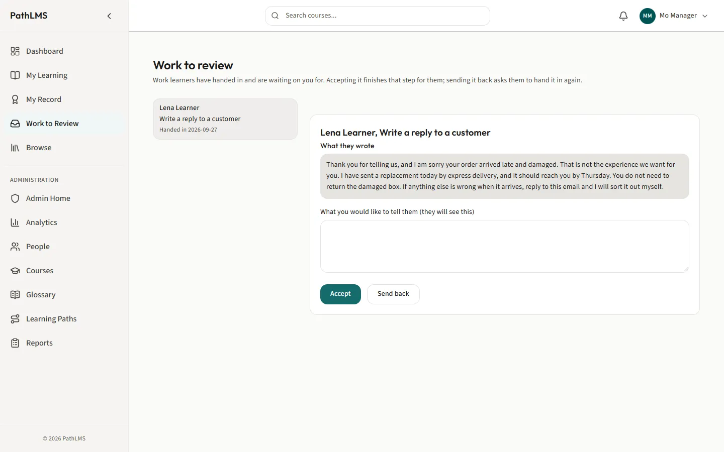 The Work to review page, with a learner's written reply open and Accept and Send back buttons.